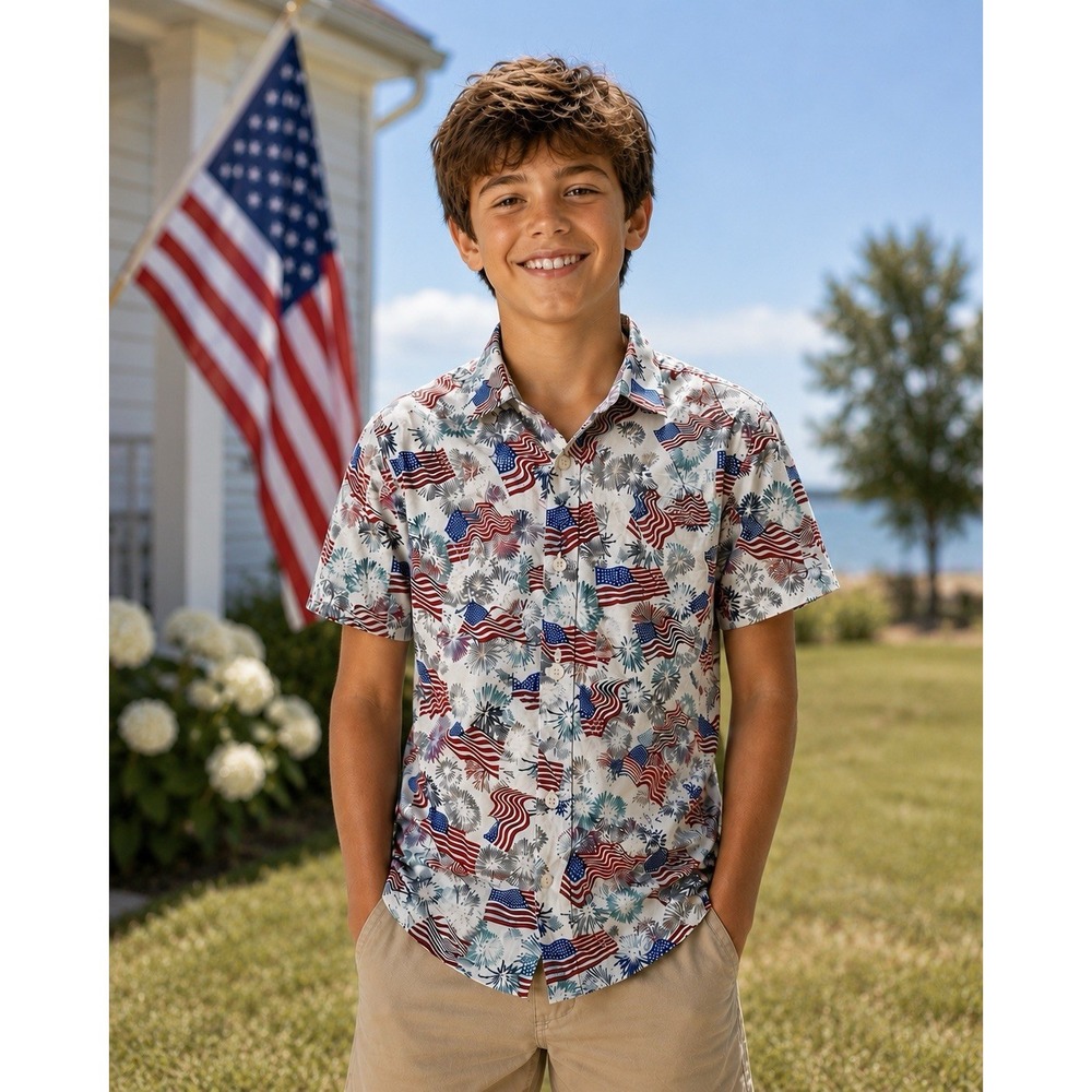 Lot of 3 Boys Shirts Button Up  Preppy Sz M 10-12 Flags Patriotic USA Summer - Picture 13 of 13